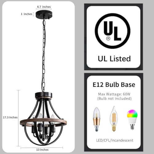 Lanpesting Farmhouse Chandelier, Modern Hanging Pendant Lighting, 4-Light Rustic Ceiling Light Fixture, Vintage Chandelier for Hallway Foyer Dining Room Entryway Kitchen Island Bedroom - Image 5