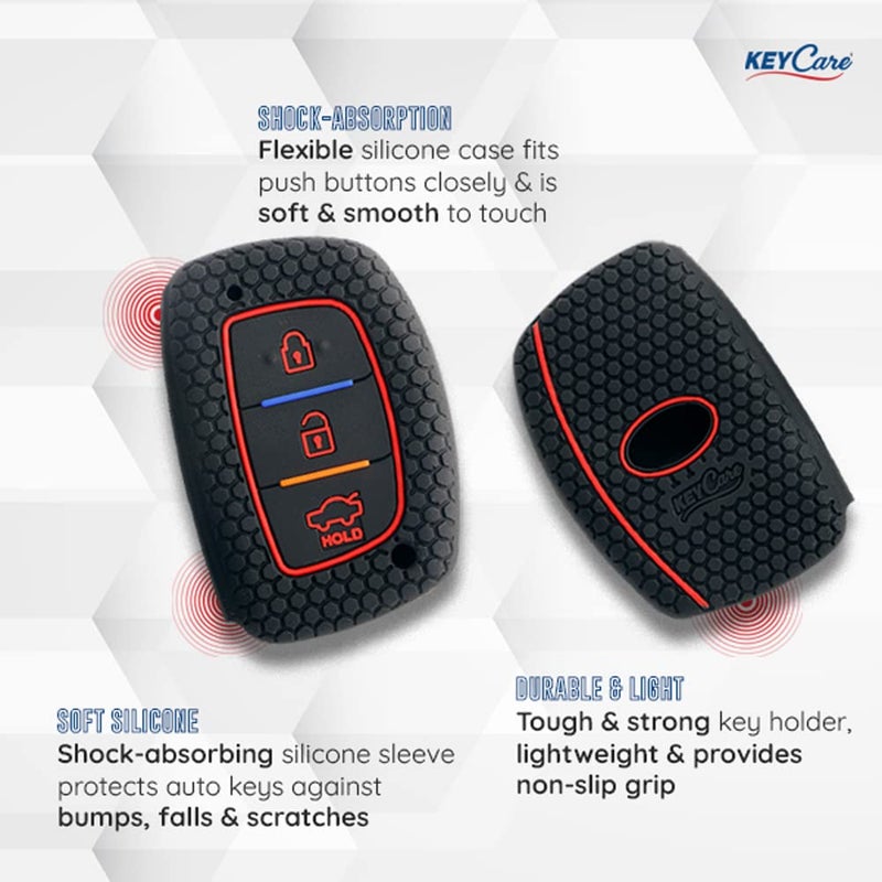 KeyZone Keycare Silicone Key Cover for Elite i20, Active i20, Aura, Verna 4s, Xcent, Tucson, Elantra 3 Button Smart Key (Push Button Start Models only) (Black with KC Mini Black Keyring) - Image 4
