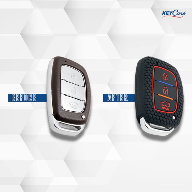 KeyZone Keycare Silicone Key Cover for Elite i20, Active i20, Aura, Verna 4s, Xcent, Tucson, Elantra 3 Button Smart Key (Push Button Start Models only) (Black with KC Mini Black Keyring) - Image 5