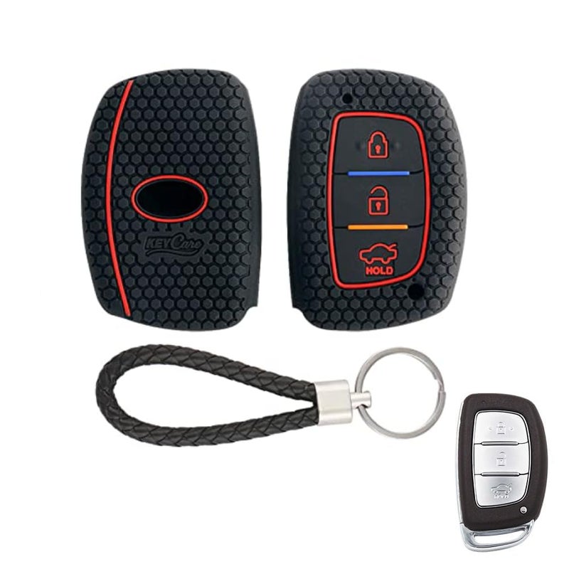 KeyZone Keycare Silicone Key Cover for Elite i20, Active i20, Aura, Verna 4s, Xcent, Tucson, Elantra 3 Button Smart Key (Push Button Start Models only) (Black with KC Mini Black Keyring) - Image 1