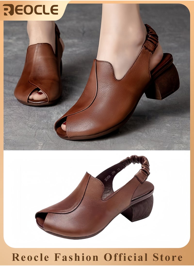 ريوكل صنادل نسائية حذاء جلدي بكعب سميك ومفتوح عند الأصابع مع حزام للكاحل صنادل مريحة بأسلوب رجعي مع شريط مطاطي - Image 1