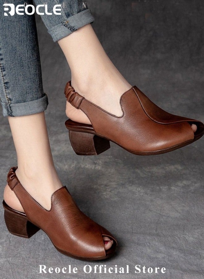ريوكل صنادل نسائية حذاء جلدي بكعب سميك ومفتوح عند الأصابع مع حزام للكاحل صنادل مريحة بأسلوب رجعي مع شريط مطاطي - Image 2
