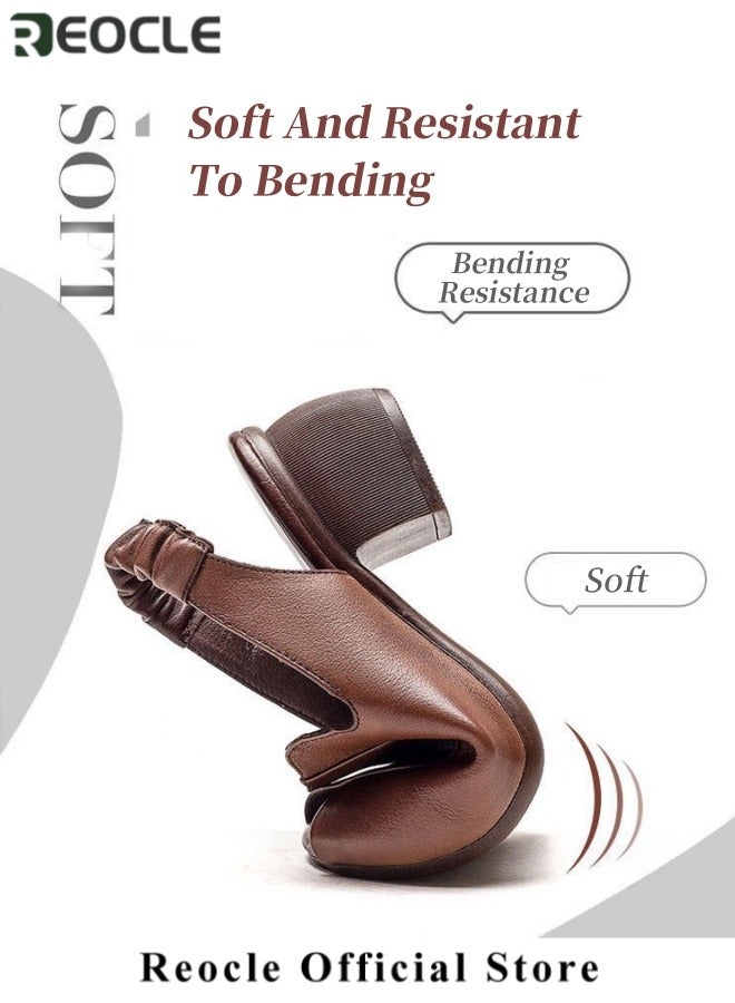 ريوكل صنادل نسائية حذاء جلدي بكعب سميك ومفتوح عند الأصابع مع حزام للكاحل صنادل مريحة بأسلوب رجعي مع شريط مطاطي - Image 4