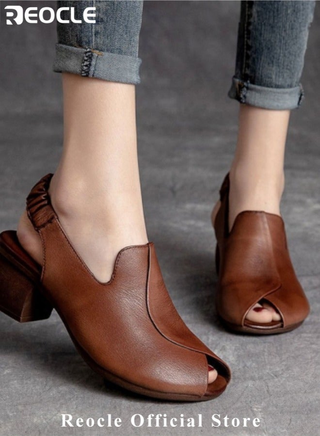 ريوكل صنادل نسائية حذاء جلدي بكعب سميك ومفتوح عند الأصابع مع حزام للكاحل صنادل مريحة بأسلوب رجعي مع شريط مطاطي - Image 3