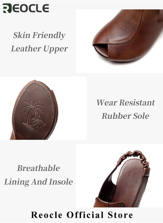 ريوكل صنادل نسائية حذاء جلدي بكعب سميك ومفتوح عند الأصابع مع حزام للكاحل صنادل مريحة بأسلوب رجعي مع شريط مطاطي - Image 5
