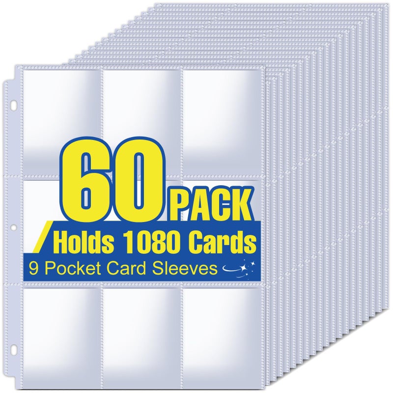 ZENOWICK 1080 Pockets Card Sleeves Binder Sheets, 9 Pocket Card Sleeves for 3 Ring Binder, Trading Cards Sleeves Fit for Baseball, Football, Game, Business Cards(60 Pages) - Image 1