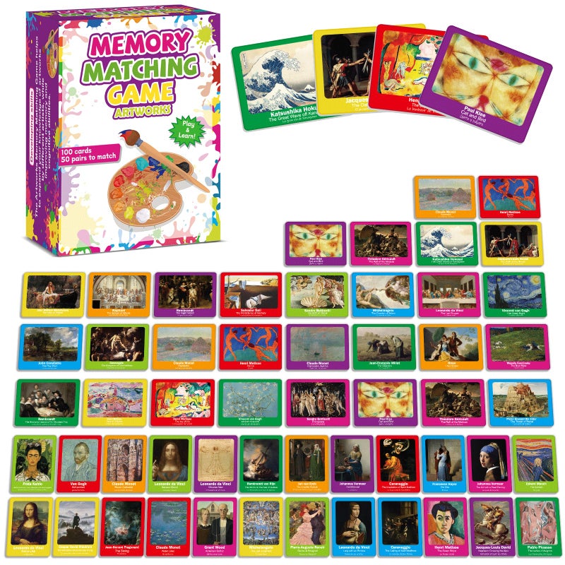 gisgfim 100 PCS Memory Matching Game Famous Paintings Concentration Memory Card for Adults Learning Educational Game A Fun Fast Artworks Theme Matching Games - Image 2