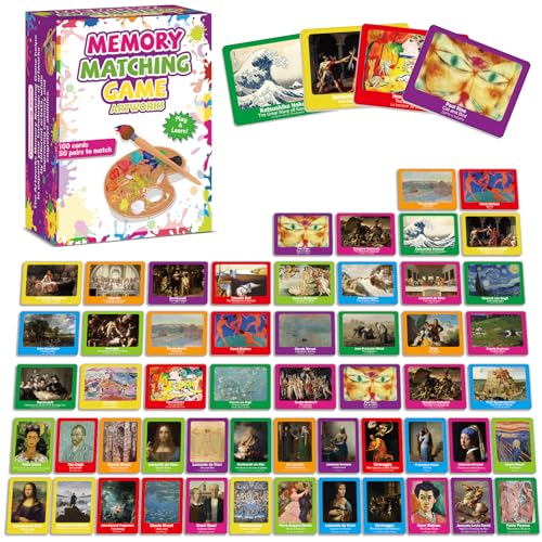gisgfim 100 PCS Memory Matching Game Famous Paintings Concentration Memory Card for Adults Learning Educational Game A Fun Fast Artworks Theme Matching Games - Image 1