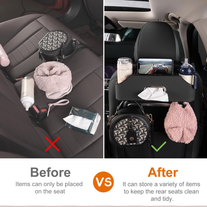 Sancaral Car Rear Backseat Extra Multifunctional Drink Cup Holder Organizers With Tissue Storage Box Organizer & Hooks For Car Seat Back. Black - Image 2