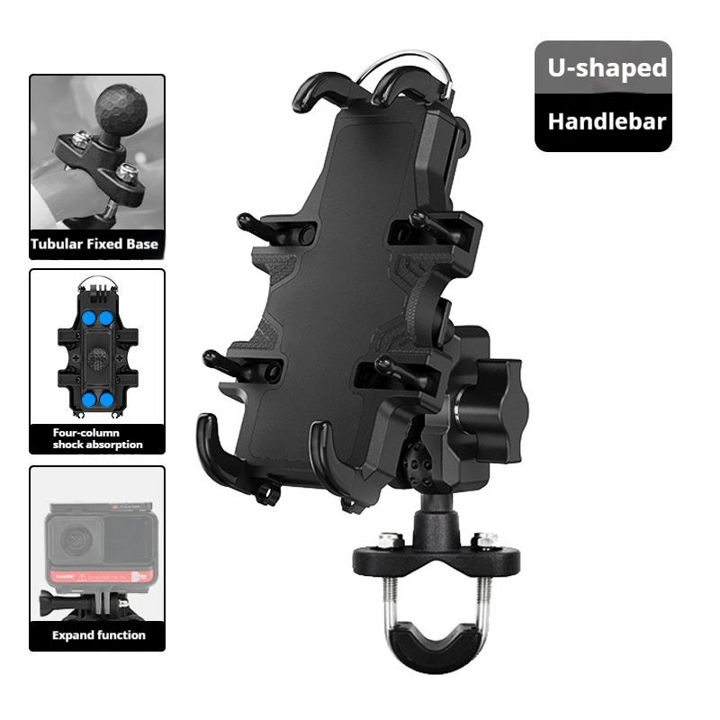 Shock-Absorbing Phone Holder For Motorcycles, Electric Vehicles, And Bicycles, With Shockproof And Multifunctional Extension Strap 【U-Shaped Handlebar Model】, Upgraded With Shock Absorption And Extension Strap.