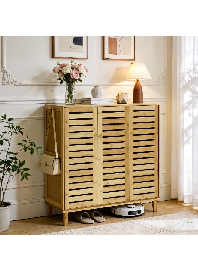 Solid Bamboo Shoes Cabinet with Ventilated Slatted Doors – 5-Tier Freestanding Shoe Organizer Rack for Entryway, Hallway, Closet, Space-Saving Wooden Storage Unit - Image 3