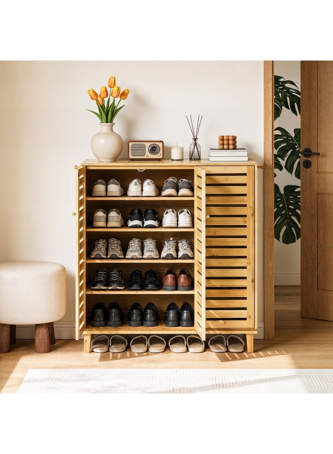 Solid Bamboo Shoes Cabinet with Ventilated Slatted Doors – 5-Tier Freestanding Shoe Organizer Rack for Entryway, Hallway, Closet, Space-Saving Wooden Storage Unit - Image 5