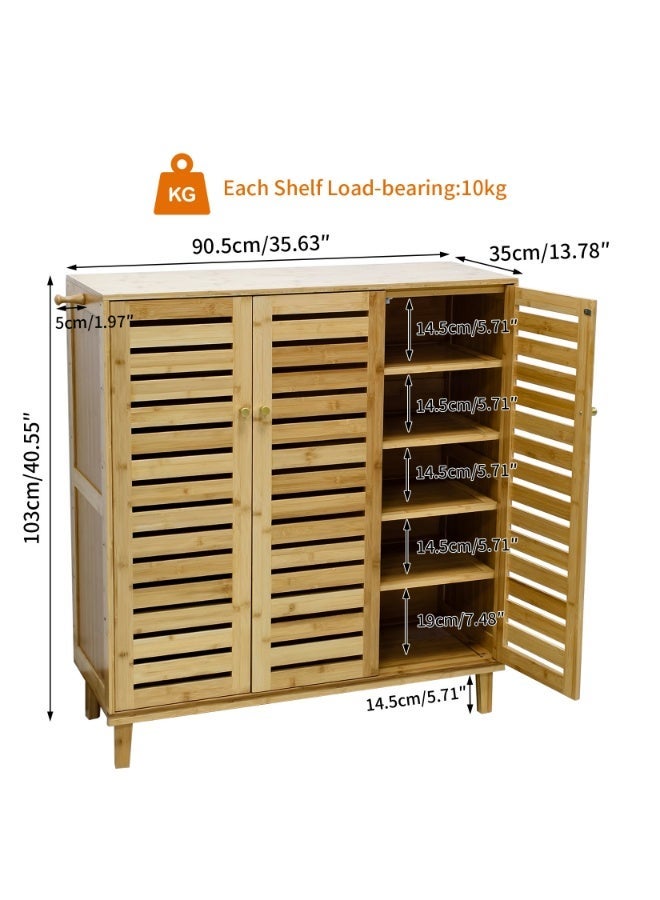 Solid Bamboo Shoes Cabinet with Ventilated Slatted Doors – 5-Tier Freestanding Shoe Organizer Rack for Entryway, Hallway, Closet, Space-Saving Wooden Storage Unit - Image 2