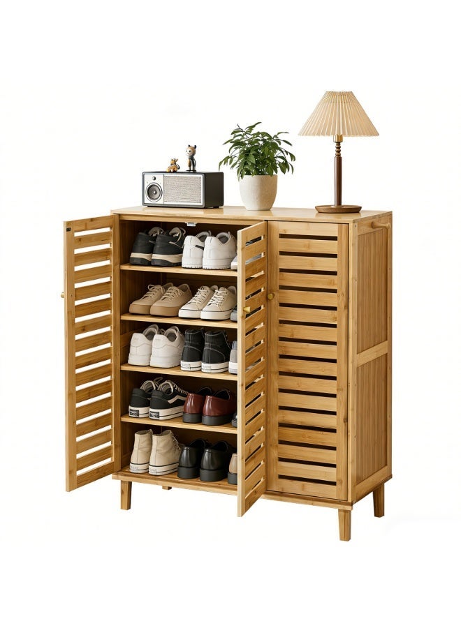 Solid Bamboo Shoes Cabinet with Ventilated Slatted Doors – 5-Tier Freestanding Shoe Organizer Rack for Entryway, Hallway, Closet, Space-Saving Wooden Storage Unit - Image 1