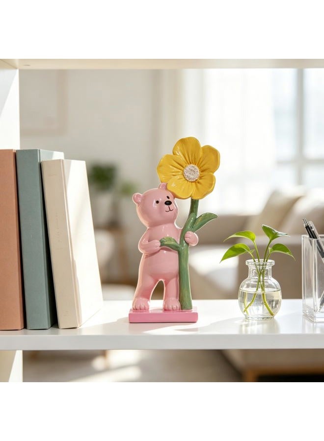 DiliComing Cute Bear Figurines Home Decor - Pink Small Resin Bear Statues for Home Decor Office Desktop Shelf Living Room Decoration Handmade Womens Gift 4x3x8 Inch - Image 1