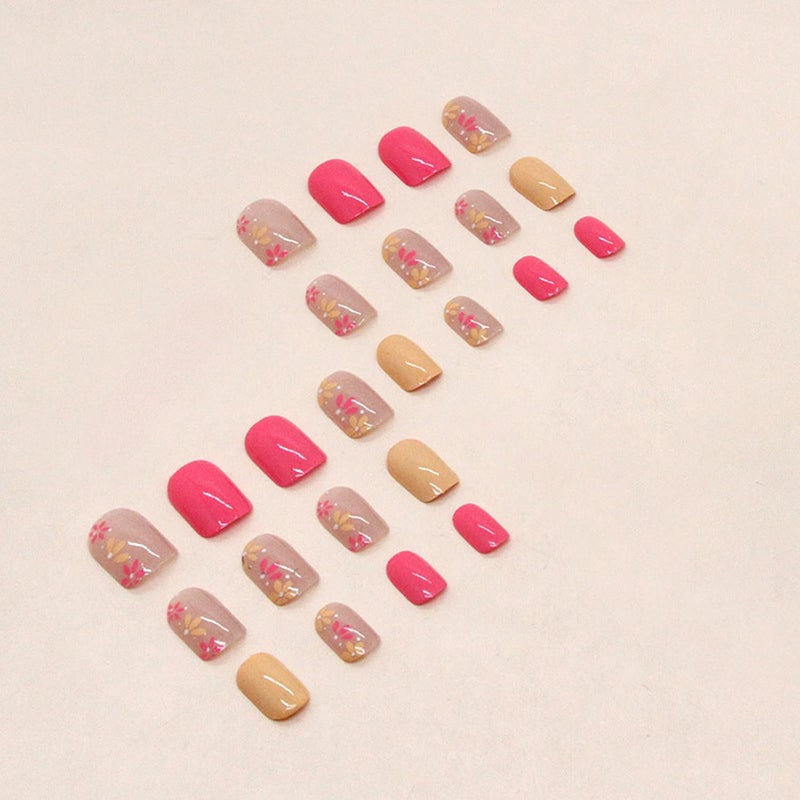 OCOUYVD Press on Nails Short Flower Square Fake Nails Nude Acrylic Nail Full Cover False Nails with Floral Designs Summer Stick on Flower Glue on Nail Glossy for Women DIY Manicure - Image 3