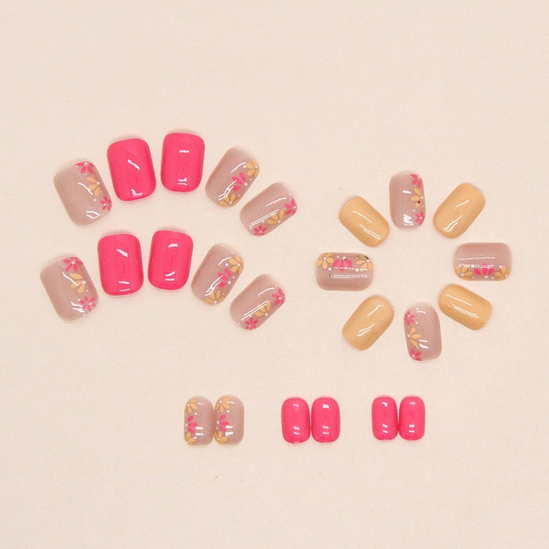 OCOUYVD Press on Nails Short Flower Square Fake Nails Nude Acrylic Nail Full Cover False Nails with Floral Designs Summer Stick on Flower Glue on Nail Glossy for Women DIY Manicure - Image 2