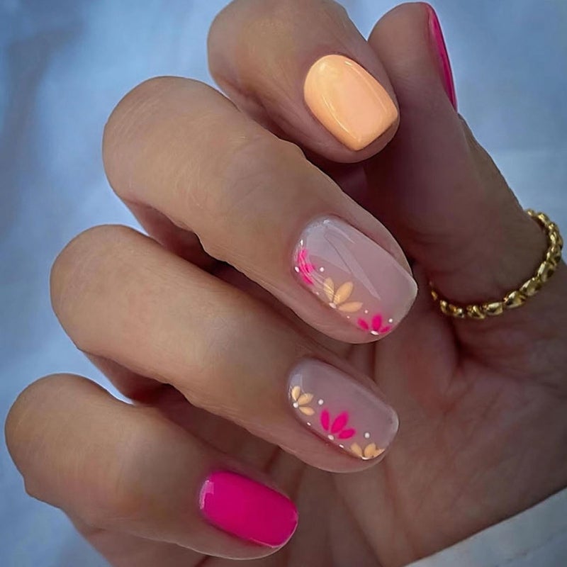 OCOUYVD Press on Nails Short Flower Square Fake Nails Nude Acrylic Nail Full Cover False Nails with Floral Designs Summer Stick on Flower Glue on Nail Glossy for Women DIY Manicure - Image 1