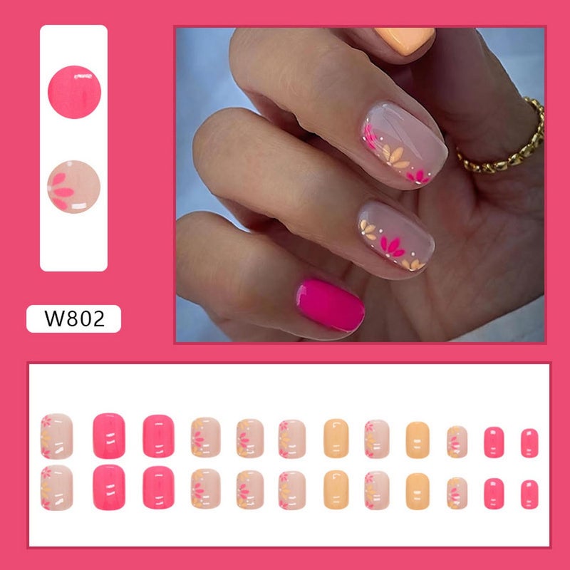 OCOUYVD Press on Nails Short Flower Square Fake Nails Nude Acrylic Nail Full Cover False Nails with Floral Designs Summer Stick on Flower Glue on Nail Glossy for Women DIY Manicure - Image 5