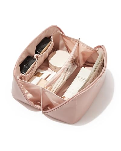 EACHY Travel Makeup BagLarge Capacity Cosmetic Bags for WomenWaterproof Portable Pouch Open Flat Toiletry Bag Make up Organizer with Divider and Handle Gifts for Women Pink Medium - Image 2