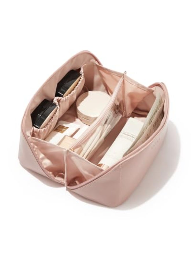 EACHY Travel Makeup BagLarge Capacity Cosmetic Bags for WomenWaterproof Portable Pouch Open Flat Toiletry Bag Make up Organizer with Divider and Handle Gifts for Women Pink Medium - Image 1