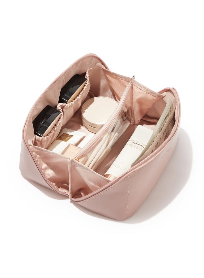 EACHY Travel Makeup BagLarge Capacity Cosmetic Bags for WomenWaterproof Portable Pouch Open Flat Toiletry Bag Make up Organizer with Divider and Handle Gifts for Women Pink Medium - Image 3