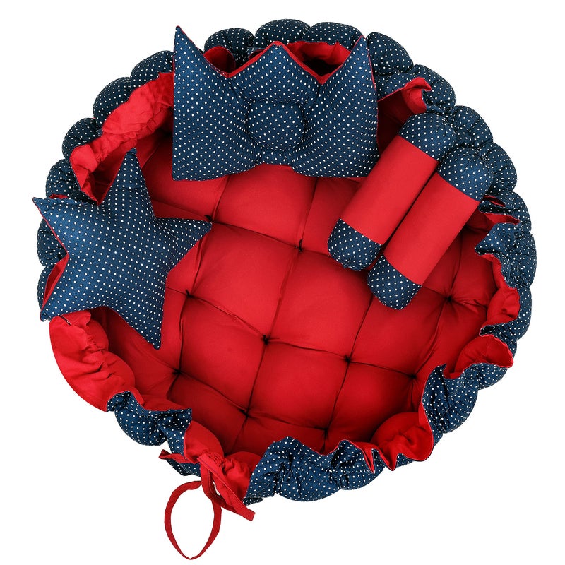 LOREM Red & Blue 5 Pillows & Round Shape Cotton Baby Bed for 0-1 Year BB11 - Image 1