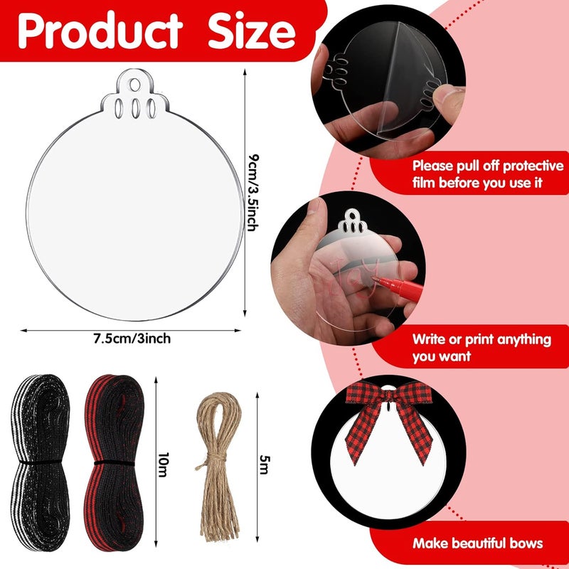 Marsui 30 Pieces 3 Inch Acrylic Christmas Ornament Blanks Clear Acrylic Christmas Ornaments Blank Circle Disc with Hole Transparent Tags Rolls RibbonsClassic Plaid ColorCute Style - Image 2