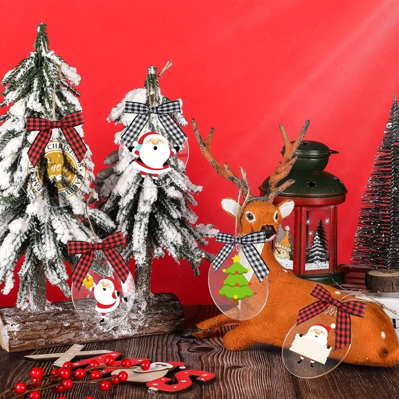 Marsui 30 Pieces 3 Inch Acrylic Christmas Ornament Blanks Clear Acrylic Christmas Ornaments Blank Circle Disc with Hole Transparent Tags Rolls RibbonsClassic Plaid ColorCute Style - Image 5