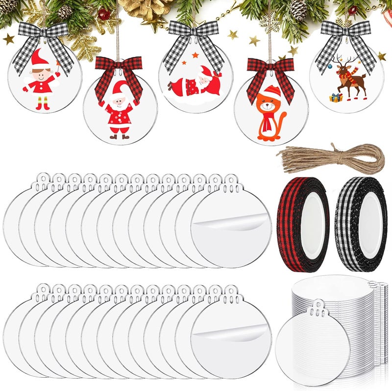 Marsui 30 Pieces 3 Inch Acrylic Christmas Ornament Blanks Clear Acrylic Christmas Ornaments Blank Circle Disc with Hole Transparent Tags Rolls RibbonsClassic Plaid ColorCute Style - Image 1