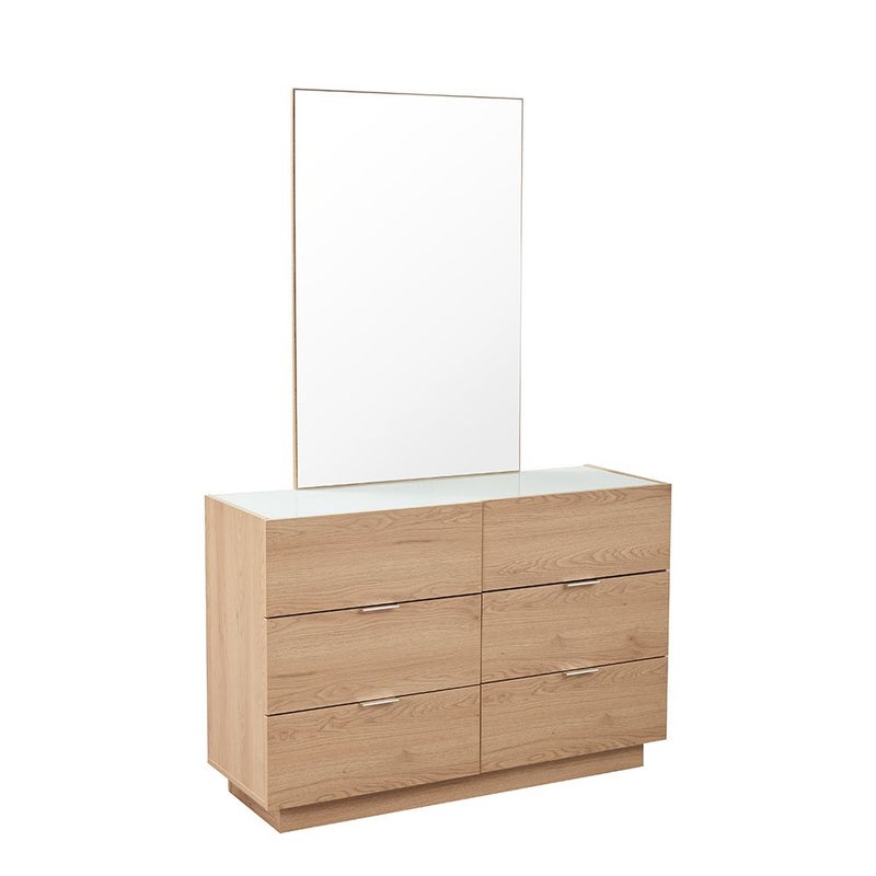 DANUBE HOME Float 6 Drawers Dresser With Glass Top & Mirror | Durable Vanity Table | Dressing Makeup Desk | Modern Design Bedroom Furniture L120xW40.5xH80cm - Natural Oak - Image 4