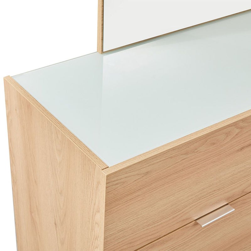 DANUBE HOME Float 6 Drawers Dresser With Glass Top & Mirror | Durable Vanity Table | Dressing Makeup Desk | Modern Design Bedroom Furniture L120xW40.5xH80cm - Natural Oak - Image 2