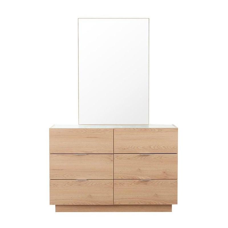DANUBE HOME Float 6 Drawers Dresser With Glass Top & Mirror | Durable Vanity Table | Dressing Makeup Desk | Modern Design Bedroom Furniture L120xW40.5xH80cm - Natural Oak - Image 1