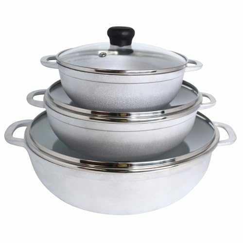 IMUSA Caldero Stock Pot with Glass Lid 3pc Set, 1.5/2.5/5.2qt, Cast Aluminum, Perfect for Serving Medium & Small Groups, Riveted Handles, Made in Colombia, Silver. - Image 1