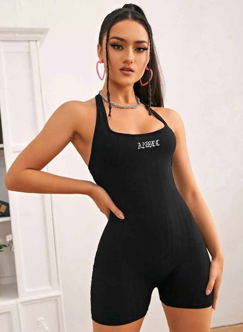 Letter Embroidered Backless Halterneck Unitard Romper - Image 1