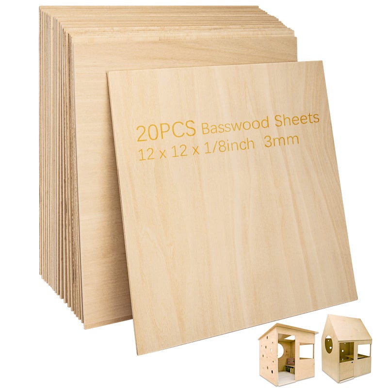 Basswood Sheets 18 3mm Plywood Sheets 12 x 12 Inch Basswood Unfinished for Crafts Laser Cutting Engraving DIY Arts Drawing20 Pack