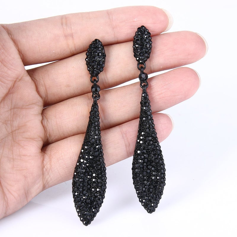 EVER FAITH Women's Austrian Crystal Double Waterdrop Wedding Prom Pierced Dangle Earrings Black Black-Tone - Image 5