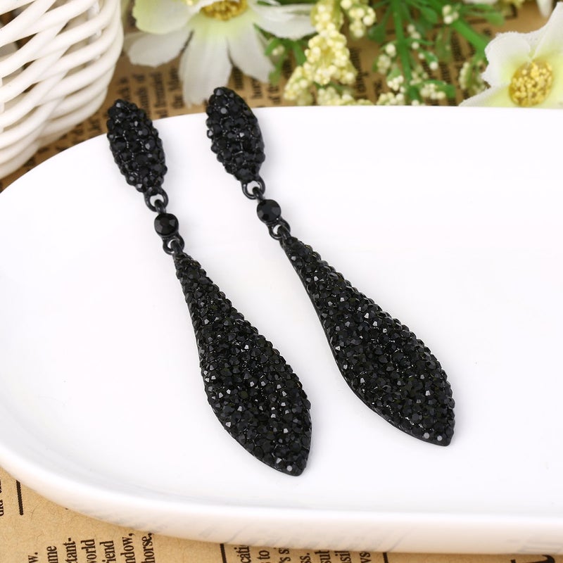 EVER FAITH Women's Austrian Crystal Double Waterdrop Wedding Prom Pierced Dangle Earrings Black Black-Tone - Image 3