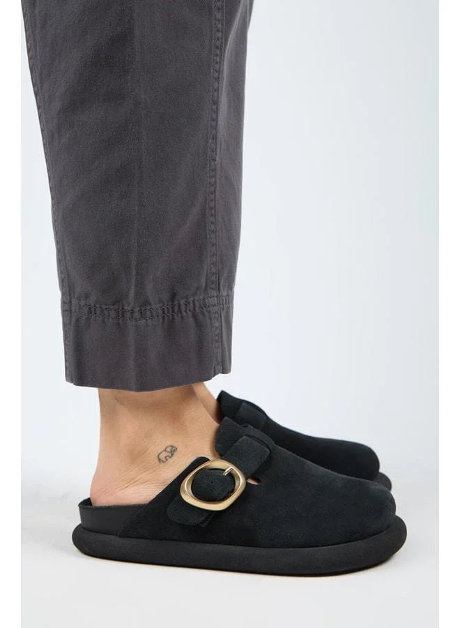 (Asymmetry) Women's Genuine Leather Belted Buckle Sabo Anthracite Slippers.