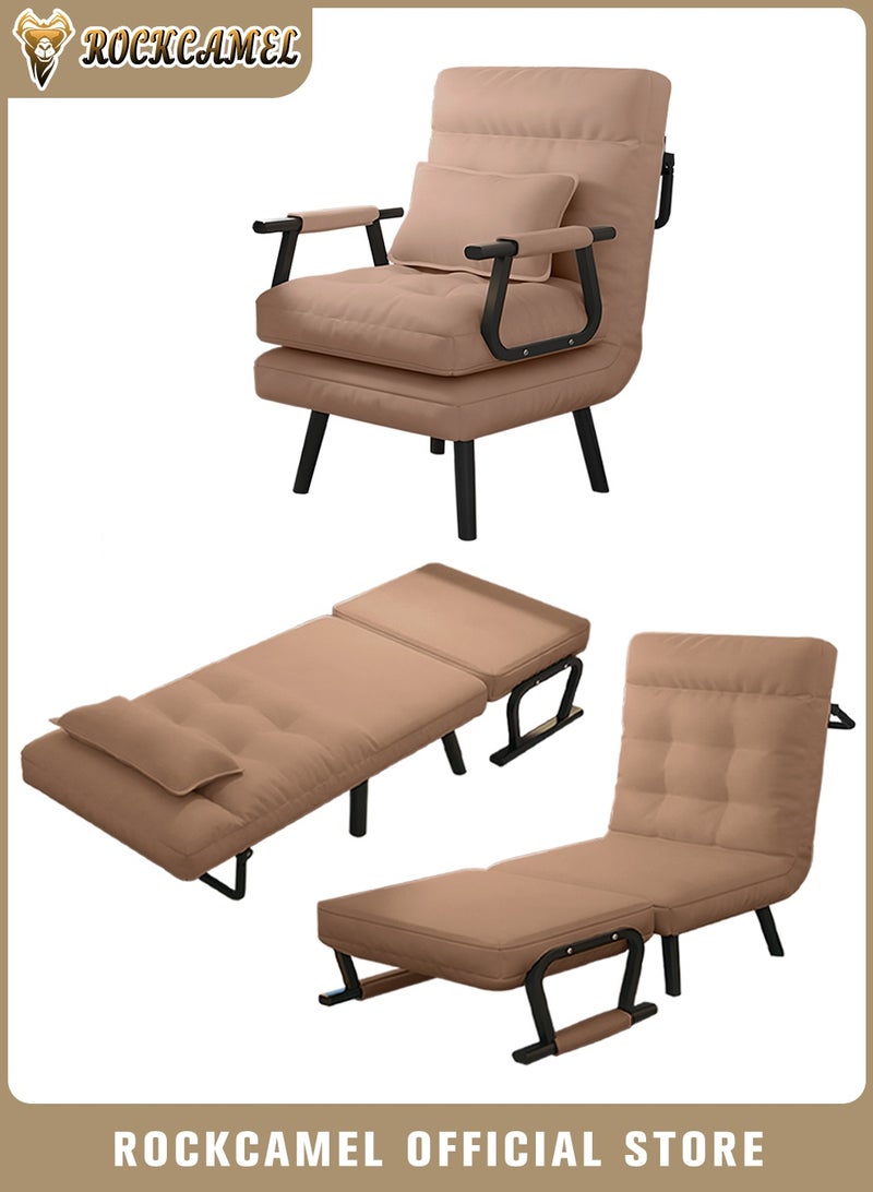 ROCKCAMEL 3 In 1 Folding Recliner Chair, Convertible Sofa Chair, 5-Position Manual Recliner with Pillow, Wide Adjustable Lounge Chair & Sofa Bed, Anti-Cat's Paw Leather for Home Office, Width 65cm, Brown - Image 1