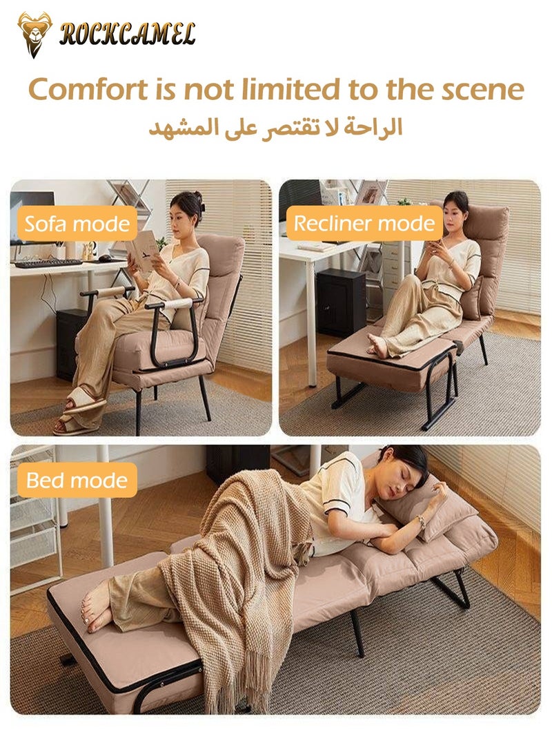 ROCKCAMEL 3 In 1 Folding Recliner Chair, Convertible Sofa Chair, 5-Position Manual Recliner with Pillow, Wide Adjustable Lounge Chair & Sofa Bed, Anti-Cat's Paw Leather for Home Office, Width 65cm, Brown - Image 2