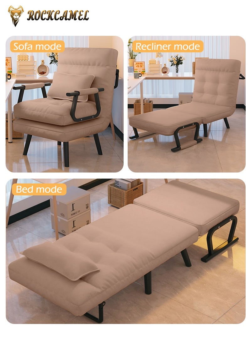 ROCKCAMEL 3 In 1 Folding Recliner Chair, Convertible Sofa Chair, 5-Position Manual Recliner with Pillow, Wide Adjustable Lounge Chair & Sofa Bed, Anti-Cat's Paw Leather for Home Office, Width 65cm, Brown - Image 3