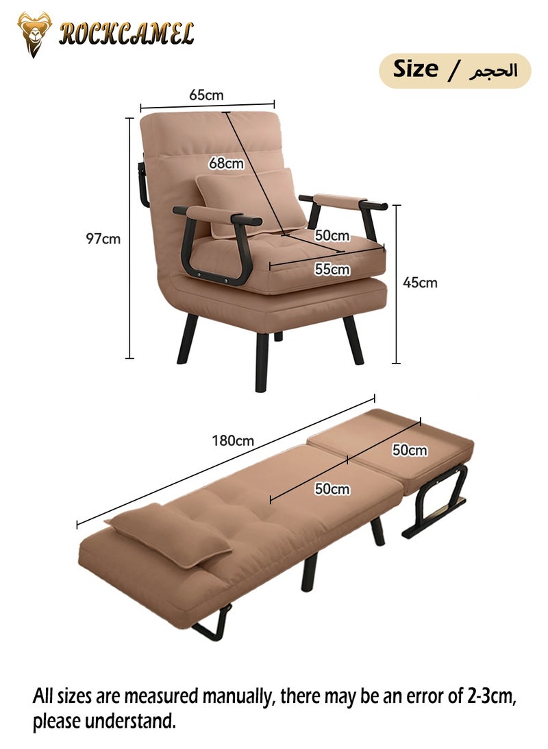 ROCKCAMEL 3 In 1 Folding Recliner Chair, Convertible Sofa Chair, 5-Position Manual Recliner with Pillow, Wide Adjustable Lounge Chair & Sofa Bed, Anti-Cat's Paw Leather for Home Office, Width 65cm, Brown - Image 4