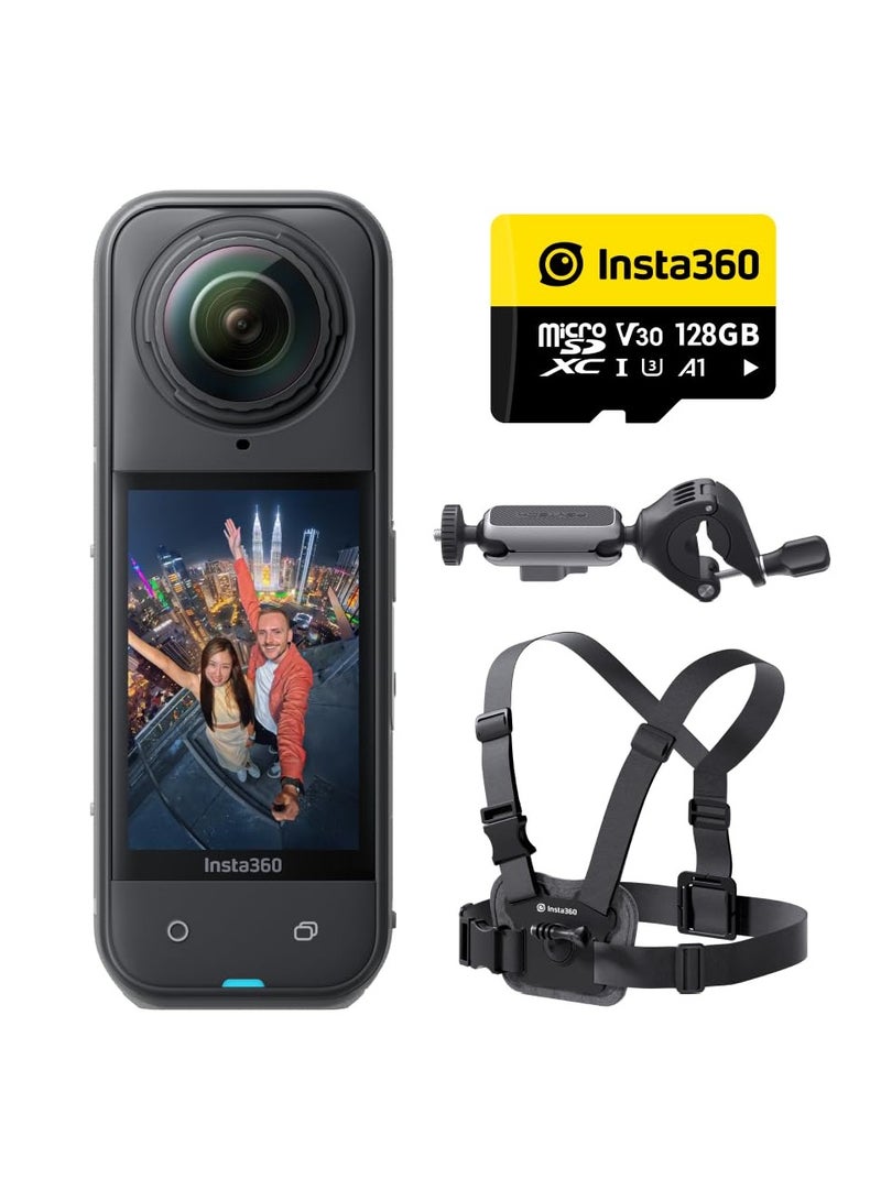 انستا 360 حزمة ركوب الدراجات X5 | كاميرا X5 + حامل مقود + تمديد حامل + حزام صدر + بطاقة Micro SD سعة 128 جيجابايت + محولات + براغي + حلقات مضادة للانزلاق، لراكبي الدراجات، السائقين، الدراجين - أسود - Image 1