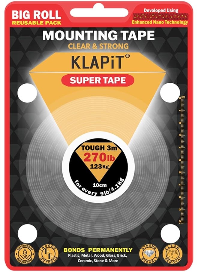 KLAPiT KLAPiT Super Tape 3 Meter Clear Double Sided Heavy Duty Adhesive, Holds 123 KG /270 lbs Enhanced Nano Technology Waterproof Mounting for Indoor/Outdoor, Rough Surface, Tiles, Wood, Glass, Wall, Stone  - Image 1