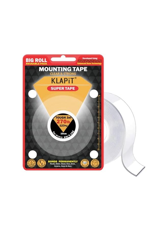 KLAPiT KLAPiT Super Tape 3 Meter Clear Double Sided Heavy Duty Adhesive, Holds 123 KG /270 lbs Enhanced Nano Technology Waterproof Mounting for Indoor/Outdoor, Rough Surface, Tiles, Wood, Glass, Wall, Stone  - Image 2