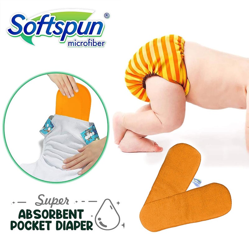 SOFTSPUN حشوات حفاضات الأطفال من الألياف الدقيقة 4 طبقات عبوة من 4 حجم كبير برتقالي! العمر 0-24 شهر قابلة للغسل وإعادة الاستخدام فائقة الامتصاص ناعمة ومريحة لبشرة الأطفال حديثي الولادة. - Image 5