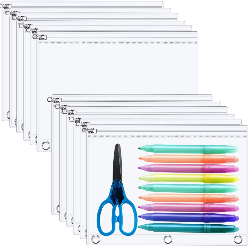 Lincia 24 Pack Clear Pencil Pouch for 3 Ring Binder Pencil Case with Zipper 3 Ring Binder Pocket Insert Bag 10 x 7'' Visible Cash Envelope with Re-enforced Grommet for Office (Clear) - Image 1