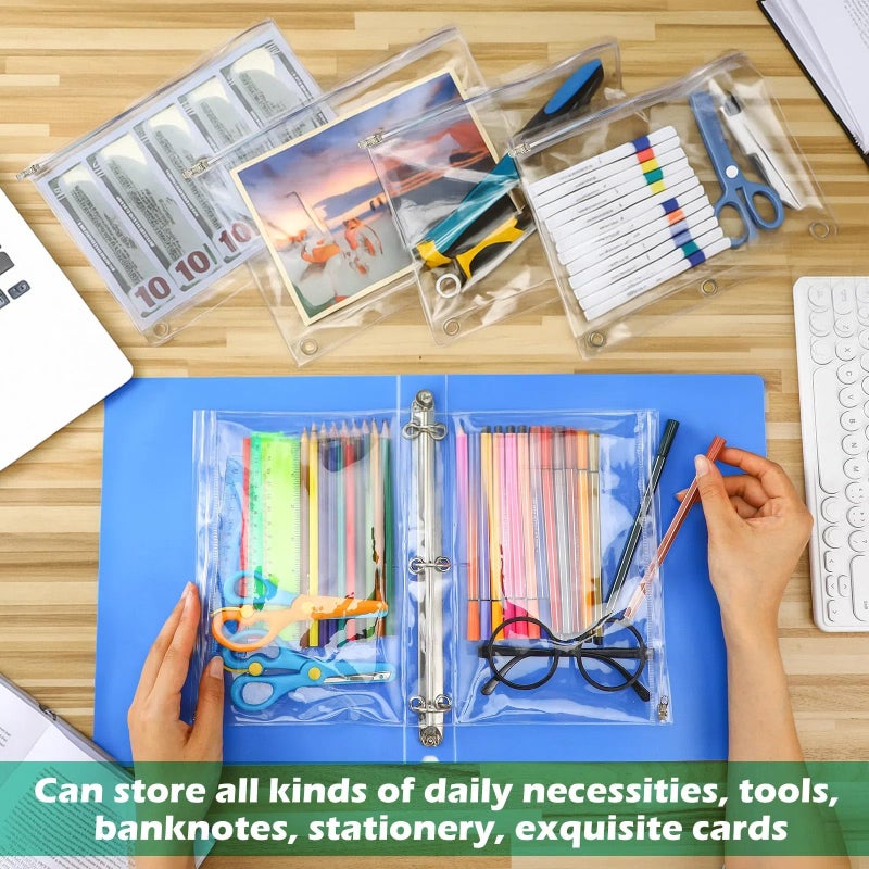 Lincia 24 Pack Clear Pencil Pouch for 3 Ring Binder Pencil Case with Zipper 3 Ring Binder Pocket Insert Bag 10 x 7'' Visible Cash Envelope with Re-enforced Grommet for Office (Clear) - Image 4