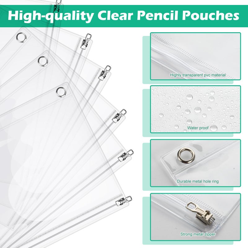 Lincia 24 Pack Clear Pencil Pouch for 3 Ring Binder Pencil Case with Zipper 3 Ring Binder Pocket Insert Bag 10 x 7'' Visible Cash Envelope with Re-enforced Grommet for Office (Clear) - Image 2